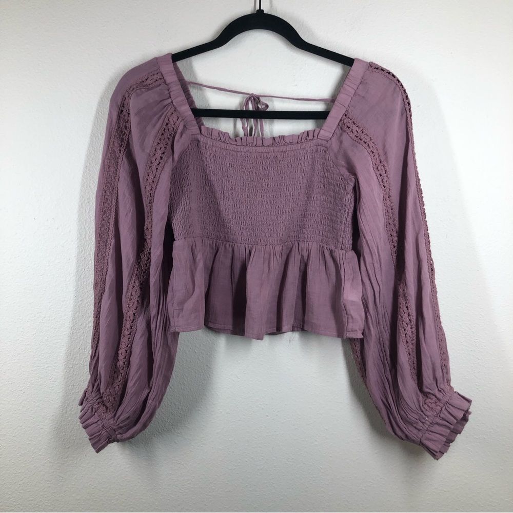 American Eagle Smocked Long Sleeve Purple Top Lace Boho Peasant Ruffle Medium